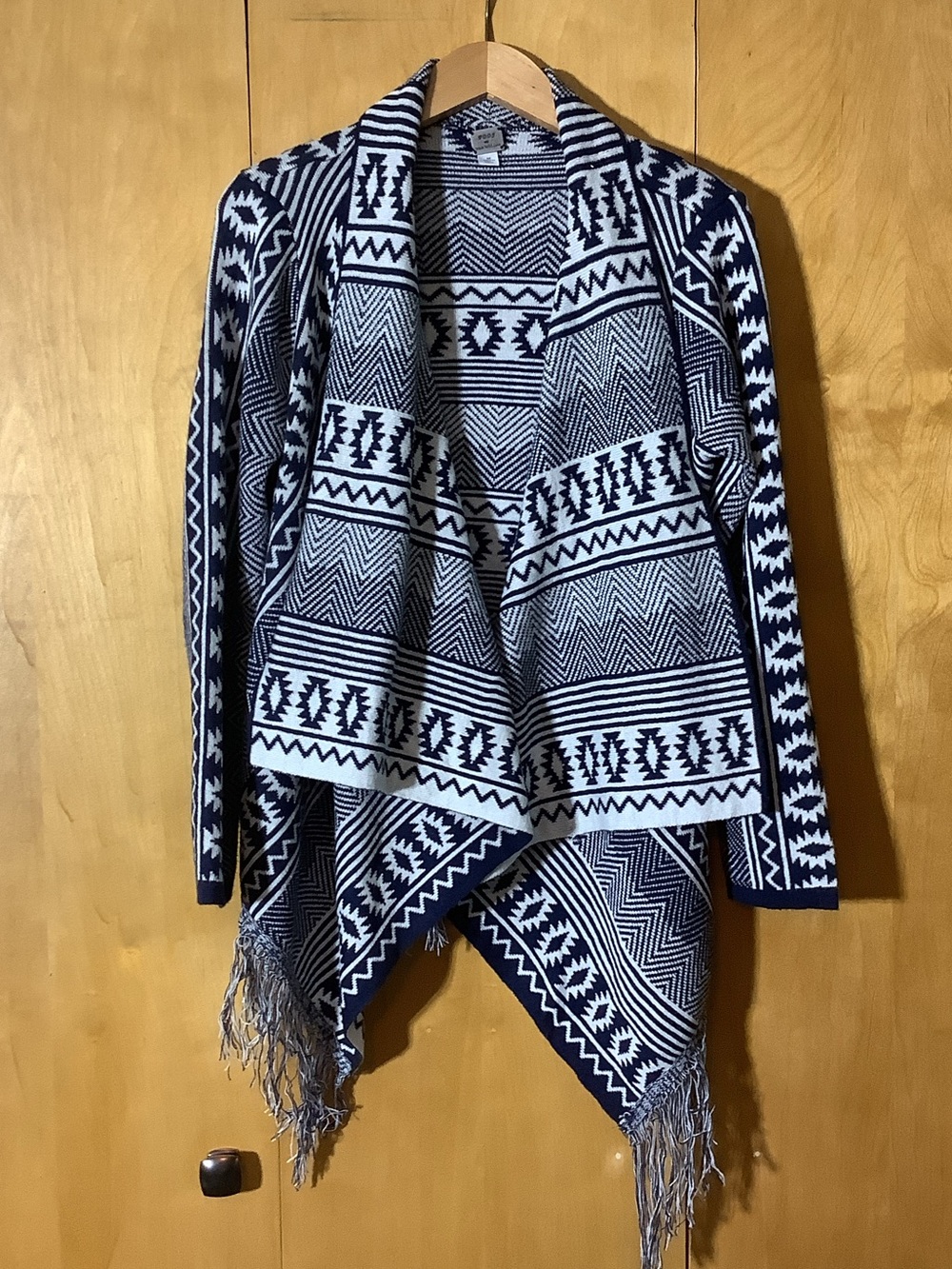 Poof navy and white tribal print open front cardigan, size medium